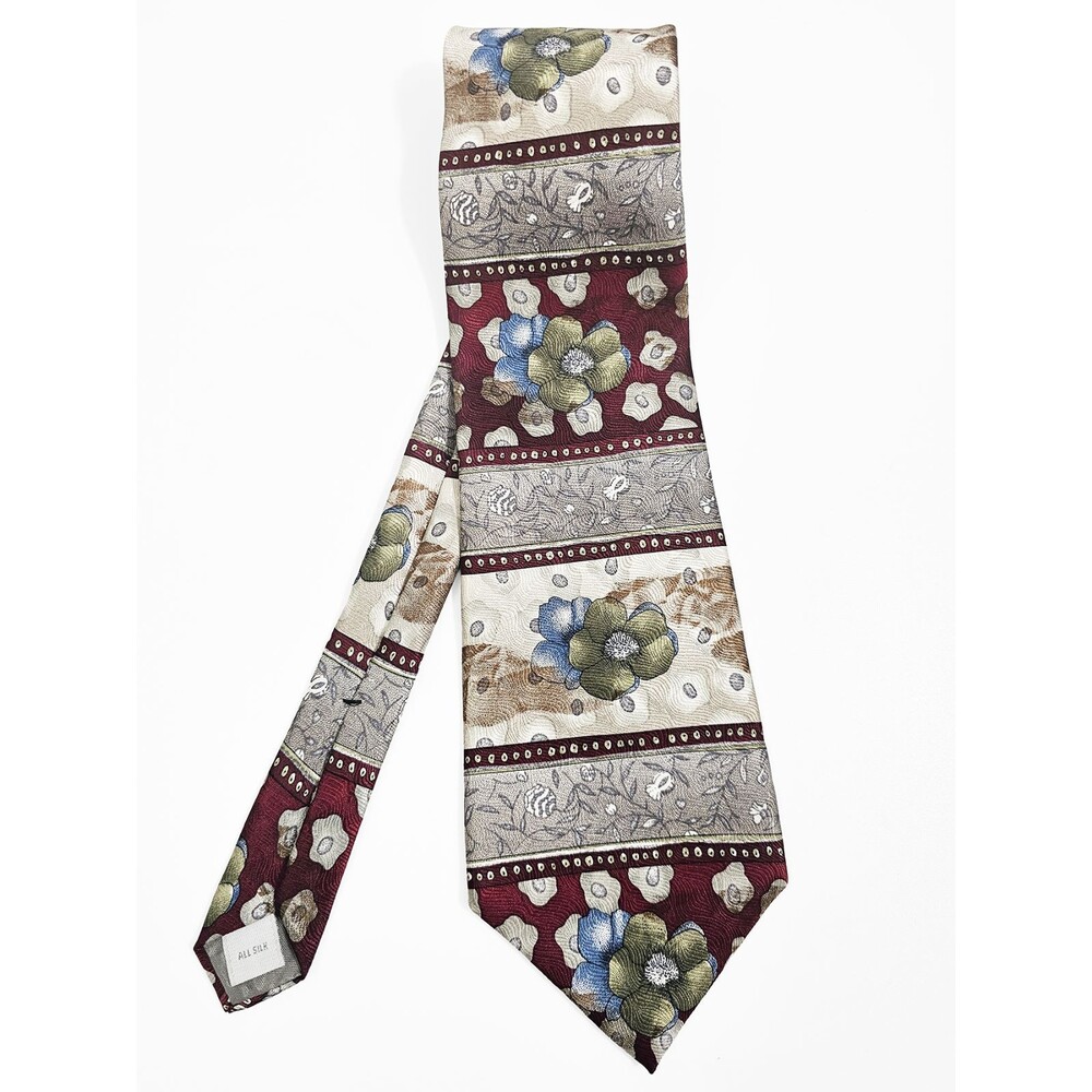 Casual Works Floral Maron Gray Vintage Men's Silk Tie 80s 90s